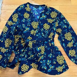 J. Crew Floral Wrap Blouse - Navy and Yellow